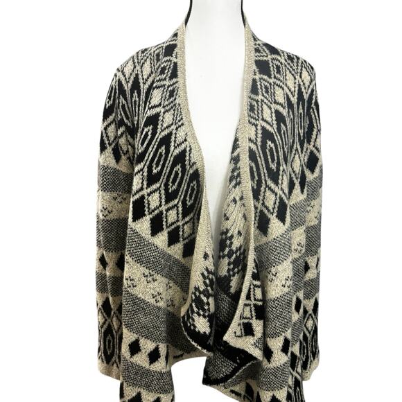 Lucky Brand Waterfall Cardigan Sweater Womens Medium Black Beige Aztec Knit - Picture 2 of 12